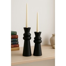 El Yapımı Siyah Ahşap Şamdan Seti (2'li) – 15 cm & 12.5 cm – Rustik Dekoratif Mumluk