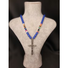 El Yapımı Mavi-Renkli Boncuklu Haç Kolye - Metal Uçlu Şık Tasarım