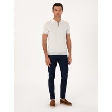 Cacharel Erkek Açık Gri Slim Fit %100 Pamuk Fermuarlı Polo Yaka Triko T-Shirt 50305981-VR001
