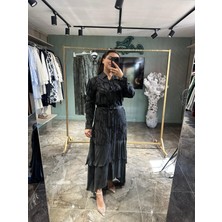 Eteği Fırfırlı Cupra Kumaş Elbise