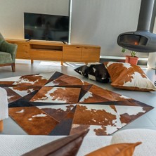 Barrio RICO %100 Doğal Dana Derisi Kaymaz Taban Premium Patchwork Halı - Üçgen Temalı Kahverengi Beyaz