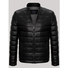 Deri Work Hakiki Kuzu Derisi Siyah Erkek Deri Mont Dik Yaka Şişme Deri Ceket