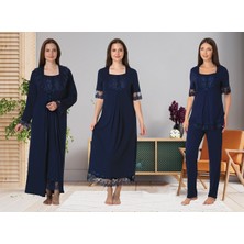 Dvina Effortt Lohusa 4'lü Set - Sabahlık/pijama Takımı/gecelik Lacivert - 6036