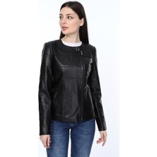 Deri Work Hakiki Deri Siyah Yuvarlak Yaka Luna Kadın Deri Mont