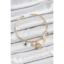 Pirinç Zirkon Taşlı Güneş Ay Nazar Model Gold Renk Charm Bileklik
