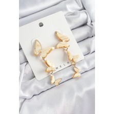 Pirinç Sedef Sallantılı Mermer Desenli Kelebek Model Gold Renk Vintage Kadın Küpe