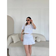 Kadın Etek Gömlek Keten Kumaş Beyaz Ikili Alt Üst Takım
