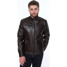 Deri Work Hakiki Deri Kahverengi Darcia Fermuarlı Erkek Deri Ceket