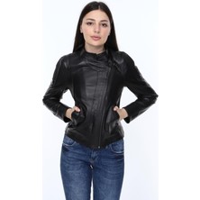 Deri Work Hakiki Deri Siyah Yandan Fermuarlı Kadın Ceket
