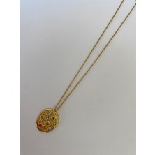 Renkli Hilal Taşlı Oval Gold Çelik Kolye