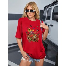 Unisex Pamuklu Butterfly Flowers Ön Baskılı Tasarım Tshirt