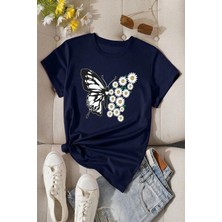 Kadın Pamuklu Ön Baskılı Papatya Kelebek Tasarım Tshirt