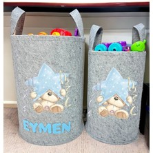 Unisex Kişiye Özel Isimli Gri Baskılı Büyük ve Orta Boy Bebek Çocuk Odası Oyuncak ve Çamaşır Sepeti