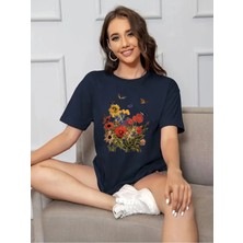 Unisex Pamuklu Butterfly Flowers Ön Baskılı Tasarım Tshirt
