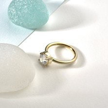 14 Ayar Altın Kaplama Yuvarlak Kesim Tektaş Gümüş Yüzük - RS00103