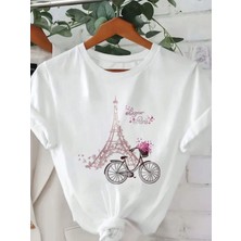 Trend Sizde Unisex Pamuklu Eyfel Kulesi Ön Baskılı Tasarım Tshirt