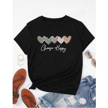 Unisex Pamuklu Choose Happy Kalp Ön Baskılı Tasarım Tshirt