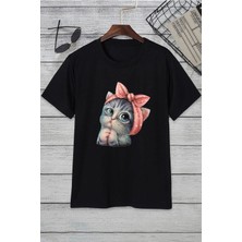 Unisex Sevimli Kedi Baskılı Tasarım T-Shirt