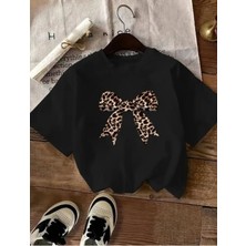 Unisex Leopar Desenli Kurdele Özel Tasarım Ön Baskılı Tasarım Tshirt
