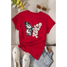 Unisex Pamuklu Ön Baskılı Papatya Kelebek Baskılı Kısa Kol T-Shirt