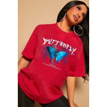 Unisex Blue Butterfly Baskılı Kısa Kol T-Shirt