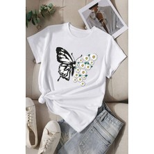 Kadın Pamuklu Ön Baskılı Papatya Kelebek Tasarım Tshirt