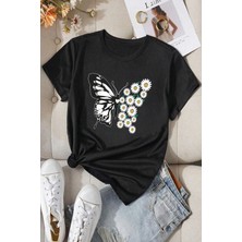 Unisex Pamuklu Ön Baskılı Papatya Kelebek Baskılı Kısa Kol T-Shirt