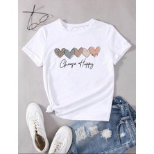 Unisex Pamuklu Choose Happy Kalp Ön Baskılı Tasarım Tshirt