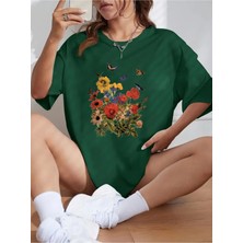 Unisex Pamuklu Butterfly Flowers Ön Baskılı Tasarım Tshirt