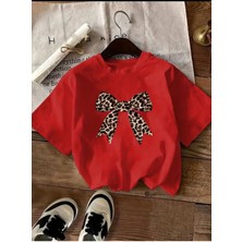 Unisex Leopar Desenli Kurdele Özel Tasarım Ön Baskılı Tasarım Tshirt