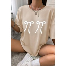 Kadın Çift Kurdele Baskılı Bisiklet Yaka Tshirt