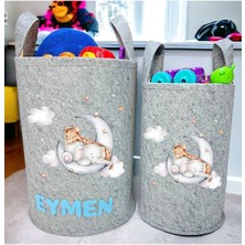 Unisex Kişiye Özel Isimli Gri Baskılı Büyük ve Orta Boy Bebek Çocuk Odası Oyuncak ve Çamaşır Sepeti