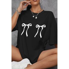 Kadın Çift Kurdele Baskılı Bisiklet Yaka Tshirt