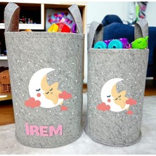 Unisex Kişiye Özel Isimli Gri Baskılı Büyük ve Orta Boy Bebek Çocuk Odası Oyuncak ve Çamaşır Sepeti