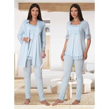Dvina Effortt Lohusa Sabahlıklı Pijama Takımı Mavi - 6034