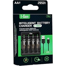 I-Gen G429 4'lü Pil Şarj Aleti + 4 Adet Aa Pro 2950 Mah Şarjlı Kalem Pilli Set