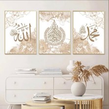 Altın Yaldızlı Allah Muhammed ve Ayet-El Kürsi 3'lü Cam Tablo Seti – Islami Minimalist Duvar Dekoru
