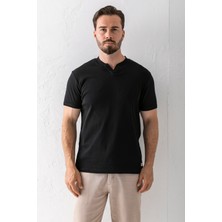 Erkek V Yaka Ribanalı Pamuklu T-Shirt Siyah - 2122
