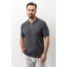 Erkek Polo Yaka Fermuar Detaylı Dokulu T-Shirt Antrasit - 2914