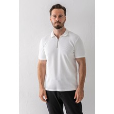 Erkek Polo Yaka Fermuar Detaylı Dokulu T-Shirt Beyaz - 2914