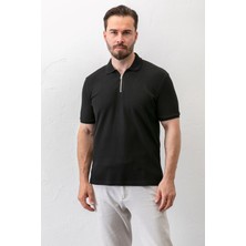 Erkek Polo Yaka Fermuar Detaylı Dokulu T-Shirt Siyah - 2914