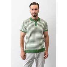 Erkek Polo Yaka Düğme Detaylı Çizgili T-Shirt Yeşil - 2999-2
