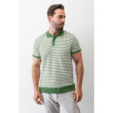 Erkek Polo Yaka Düğme Detaylı Çizgili T-Shirt Yeşil - 2999-2