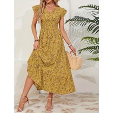 Aisha Elbise Kadın Kısa Kollu Kruvaze Yaka Beli Lastikli Çiçek Desenli Elbise