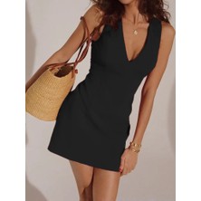 Ag Shoppings Kadın Sıfır Kollu Derin V Yakalı Janjan Krep Elbise