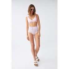 Moda Serdem  Kadın Pembe Pedli Üst ve Pastel Desenli Yüksek Bel Bikini Takımı