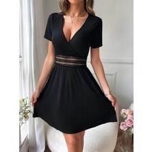 Nidam Butik Kadın Kısa Kollu Kruvaze Yakalı Belden Dantelli Kaşkorse Elbise