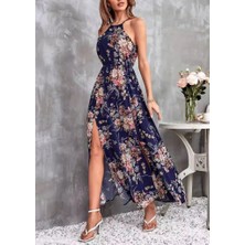 Arben Boutique Kadın Açık Omuz Halter Yaka Beli Lastikli Büzgü Detay Önden Yırtmaçlı Çiçek Desenli Süprem Elbise