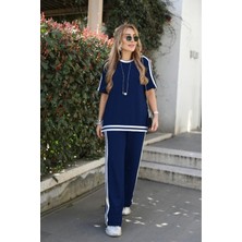 La Mode Istanbul Kadın Kısa Kollu Bisiklet Yaka Çift Renk Şerit Detaylı Viskon Iki Iplik Bluz ve Pantolon Ikili Takım