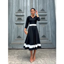 Arben Boutique Kadın Truvakarkol Yakası Açık Blok Renkli Krep Midi Elbise